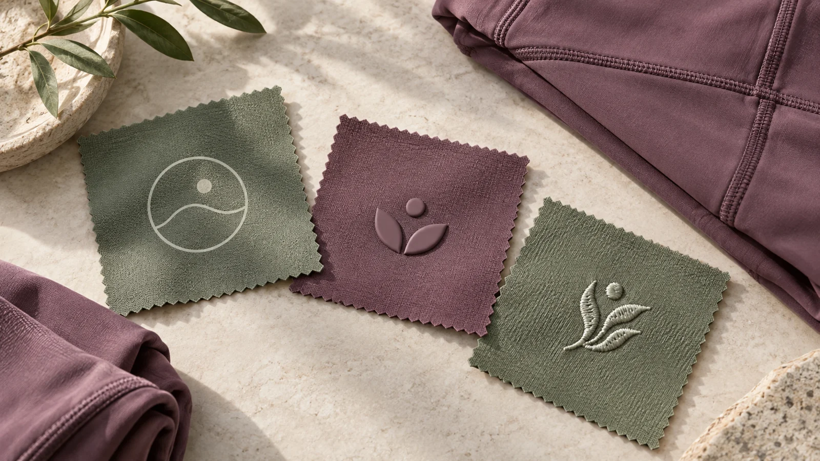 AI-generated illustration of printed, raised and embroidered logo concepts on sage and plum fabric swatches.