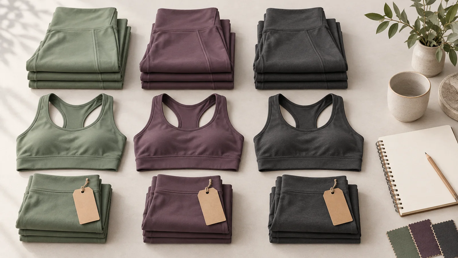 AI-generated illustration of yoga garments grouped in sage, plum and charcoal beside blank tags and an order-planning notebook.