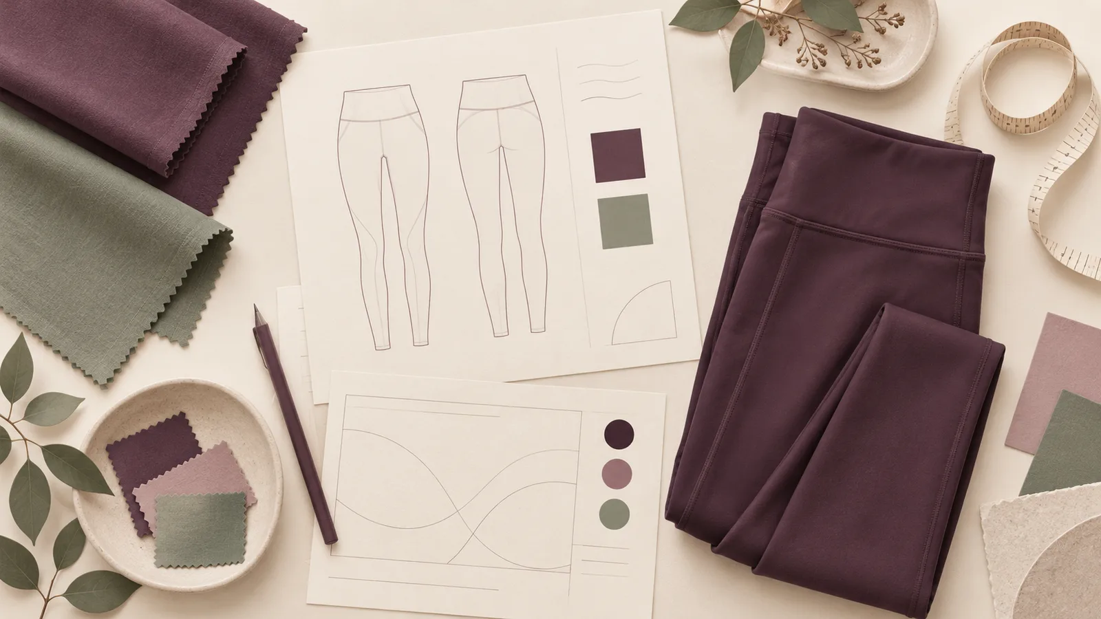 AI-generated editorial illustration of plum leggings, fabric swatches and garment drawings on a cream development desk.
