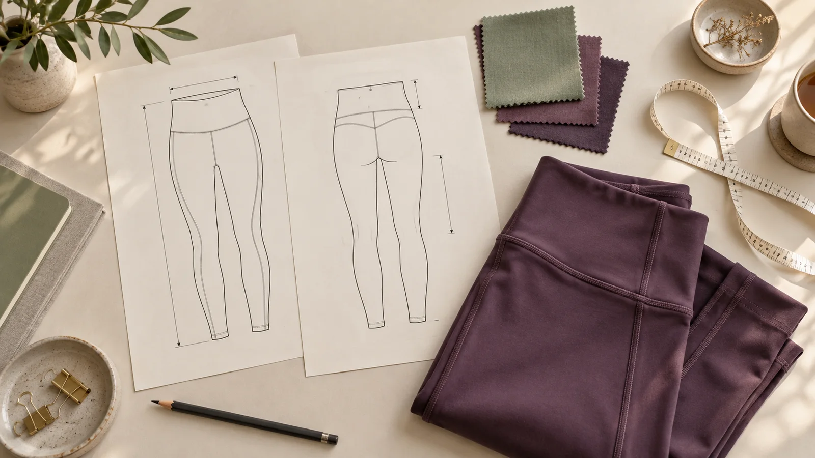 AI-generated illustration of leggings drawings, knit fabric swatches and folded plum leggings on a development desk.