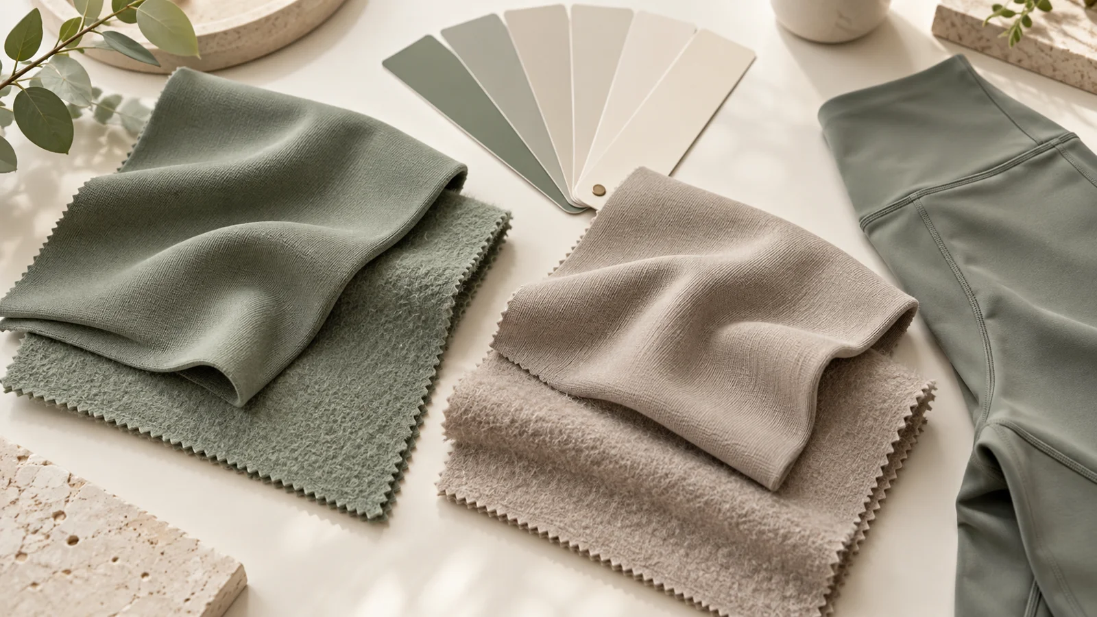 AI-generated illustration of sage and beige knit fabric samples beside folded yoga leggings and neutral color swatches.