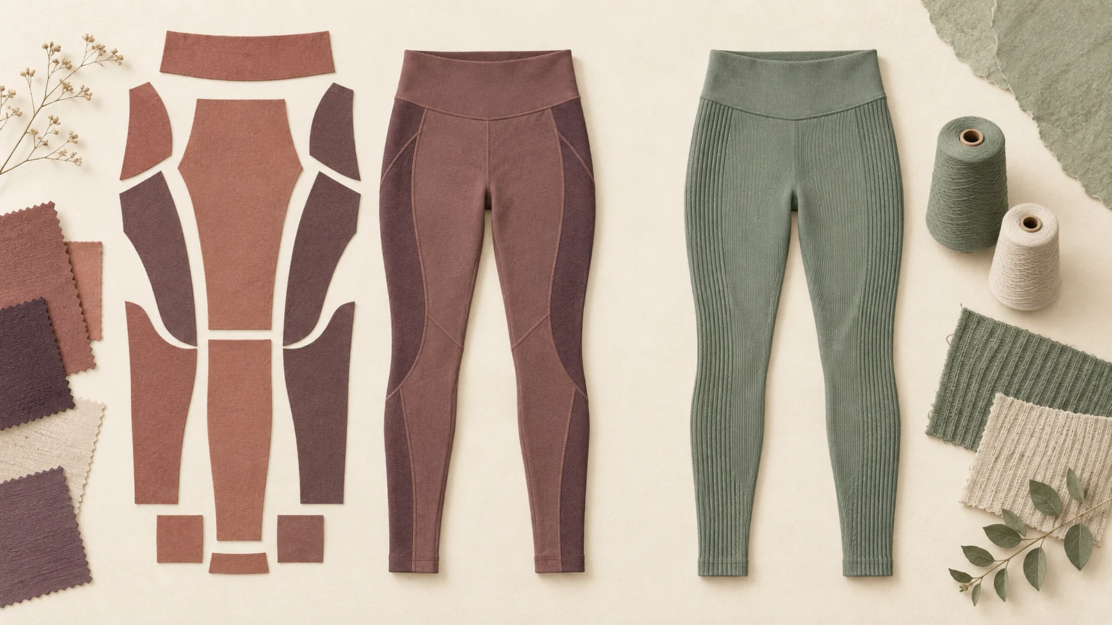 AI-generated illustration of fabric panels beside plum leggings and yarn cones beside sage leggings with knitted texture.