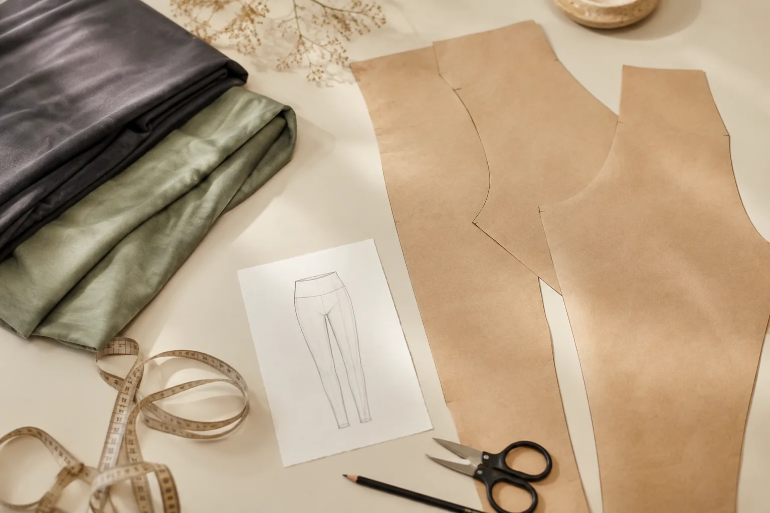 AI concept of a design desk with garment references and fabric swatches