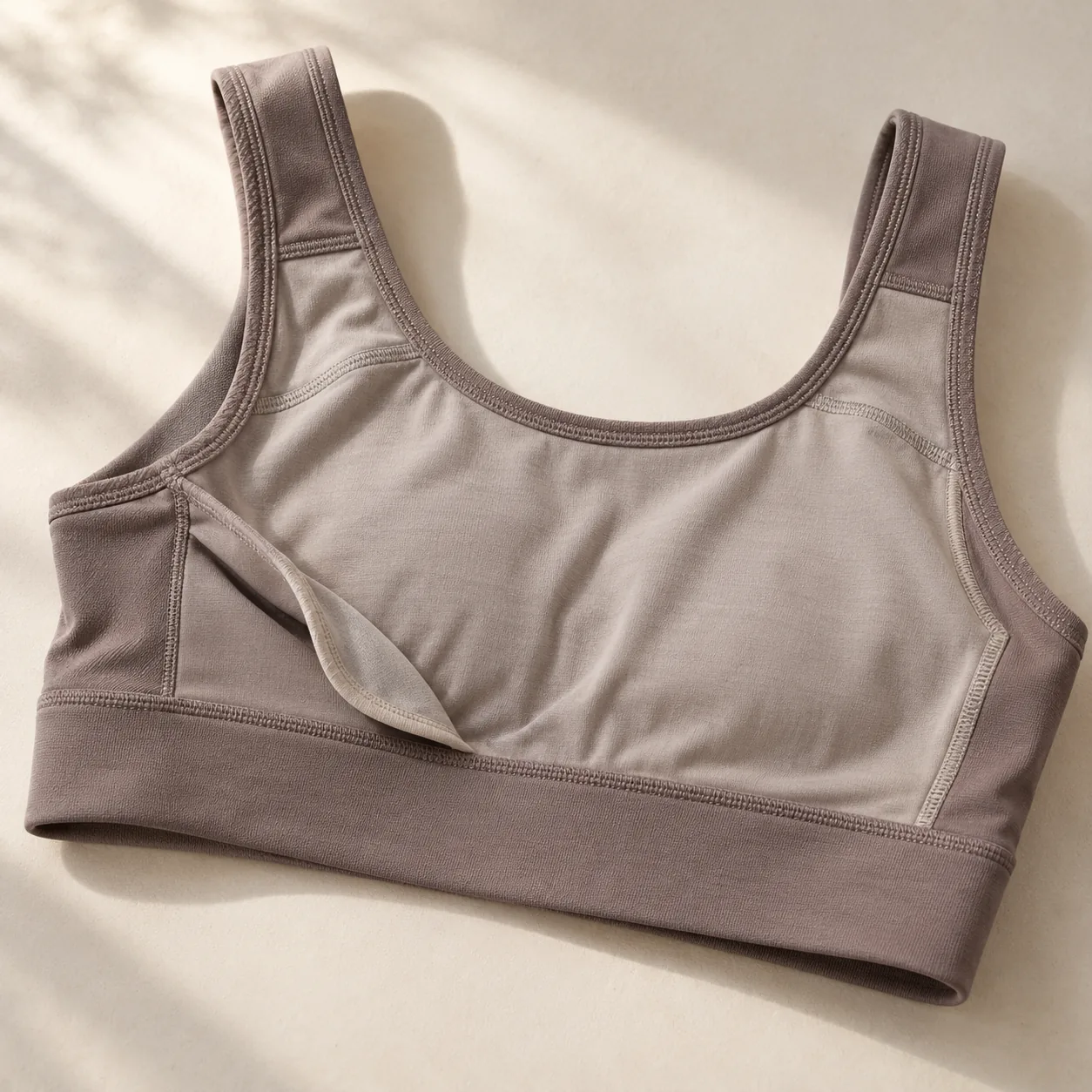 AI design concept of a taupe yoga bra showing its lining and underband
