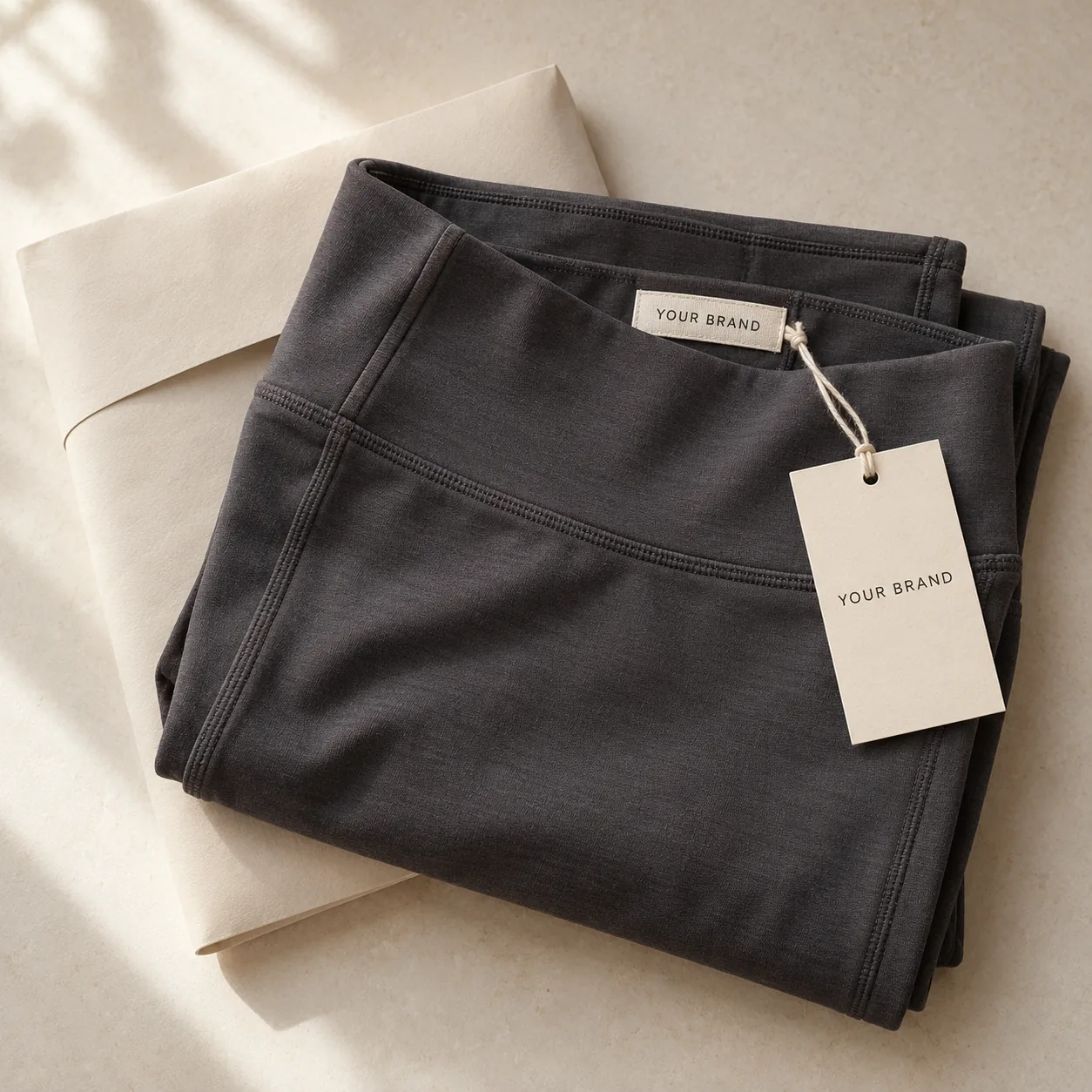 AI design concept of folded yoga wear with YOUR BRAND placeholder labels and packaging